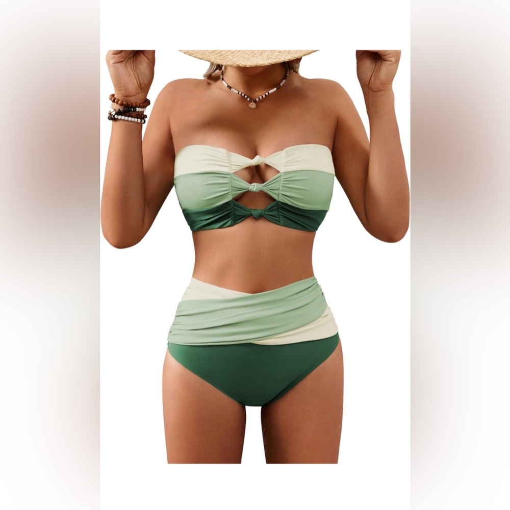Green and Cream Bandeau Bikini Large NWT